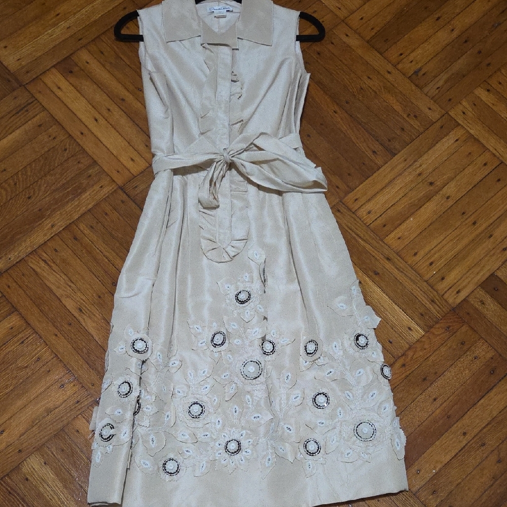 Oscar de la Renta Cream Midi Dress with Floral Details